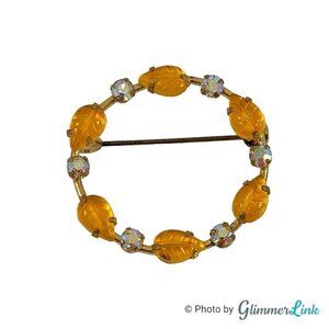 Vintage Orange Translucent Molded Lucite Leaves & AB Rhinestones Circle Brooch